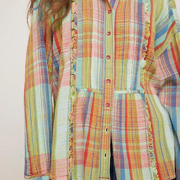 Free People We The Free Madras Top Printed Ruffle Dropped Shoulder - Picture 2 of 7